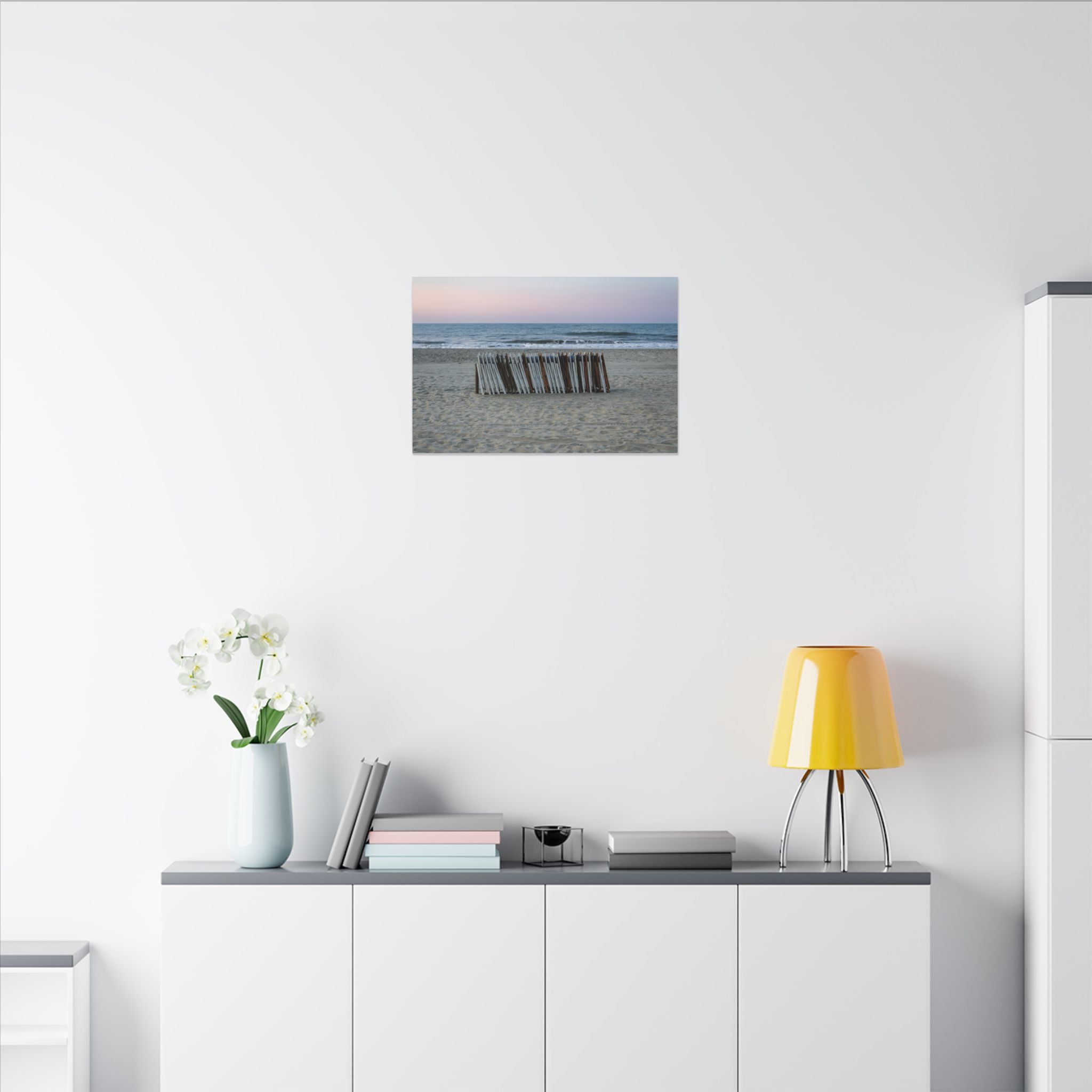 Beach Fence Sunset Canvas Print — Coastal Wall Art for Living Room & Nursery