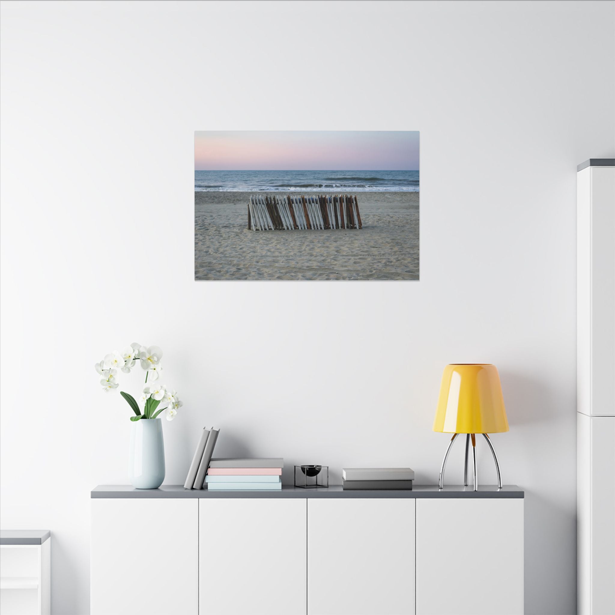Beach Fence Sunset Canvas Print — Coastal Wall Art for Living Room & Nursery
