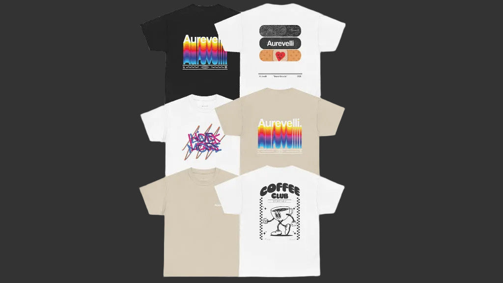 Collection of t-shirts with various designs on a black background